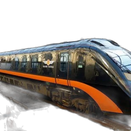 photorealistic, 3d render, concept art, sleek, black, orange, train, logo transparent PNG cut-out