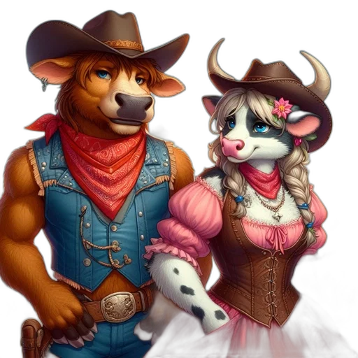 fantasy art, concept art, pixel art, watercolor, two, anthropomorphic, cowboys, one transparent PNG cut-out