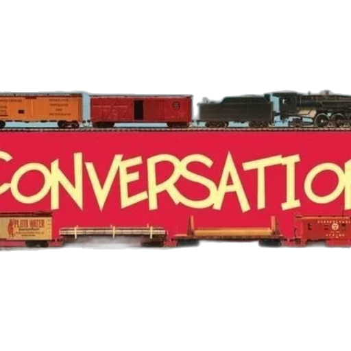 conversation, train, book, cover, featuring, colorful, blue, background transparent PNG cut-out
