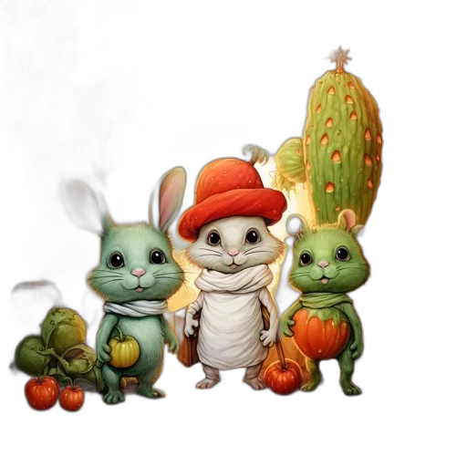 concept art, 3d render, fantasy art, pixel art, three, anthropomorphic, animals, blue transparent PNG cut-out