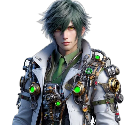 jacket, staff, robot, cyberpunk, concept art, 3d render, photorealistic, green transparent PNG cut-out