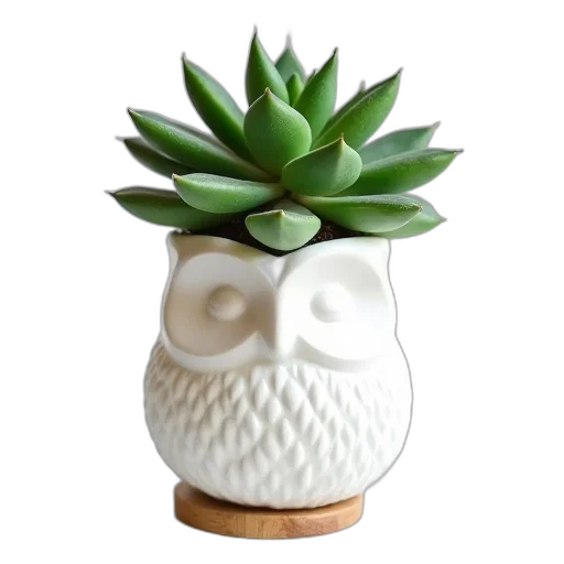 mask, 3d render, photorealistic, white, ceramic, owl-shaped, planter, textured transparent PNG cut-out