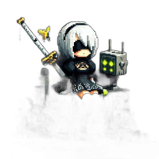 robot, staff, weapon, concept art, pixel art, fantasy art, 3d render, pixelated transparent PNG cut-out