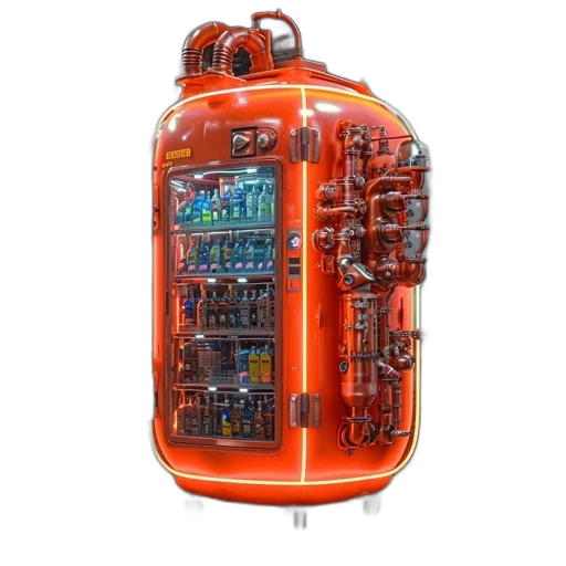 robot, cyberpunk, large, orange, industrial, vending, machine, fills transparent PNG cut-out