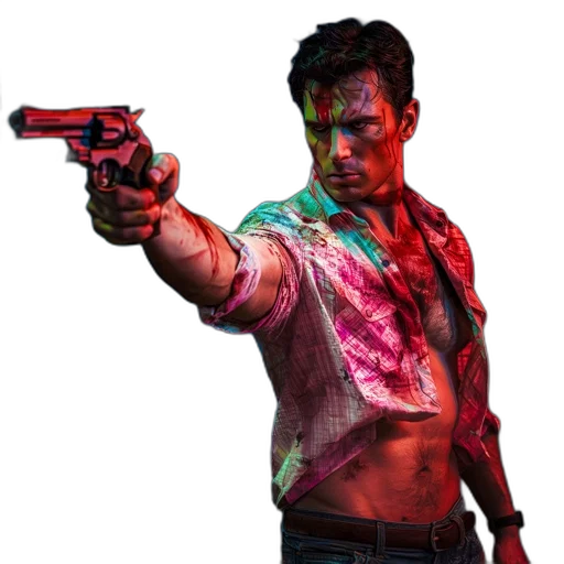 weapon, jacket, concept art, cyberpunk, photorealistic, comic book art, man, stands transparent PNG cut-out