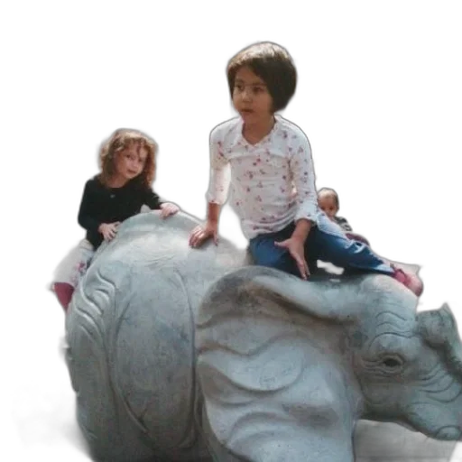 photorealistic, 3d render, two, children, play, large, elephant, statue transparent PNG cut-out