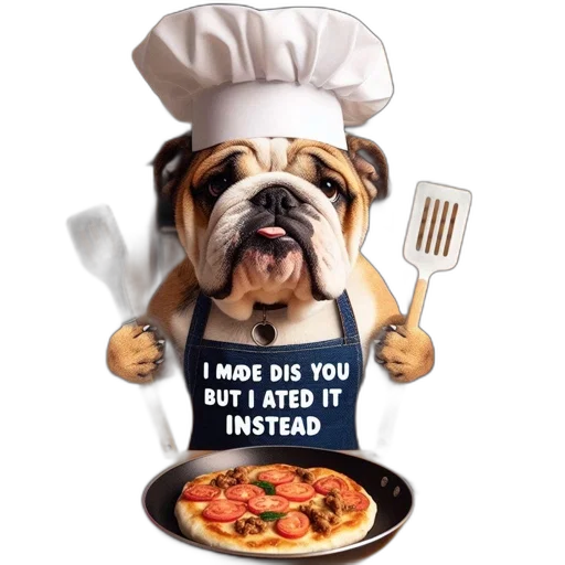 food, animal, costumed, bulldog, stands, mock, kitchen, setting transparent PNG cut-out