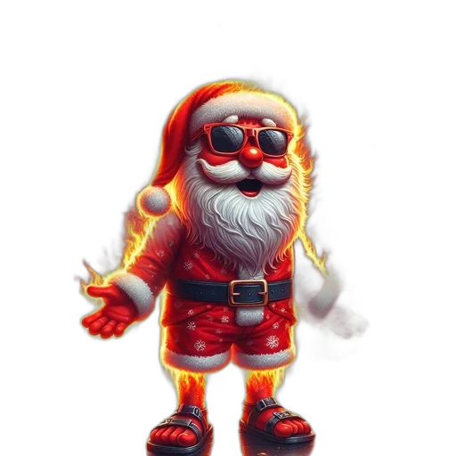 3d render, concept art, pixel art, santa, claus, stands, amidst, flames transparent PNG cut-out