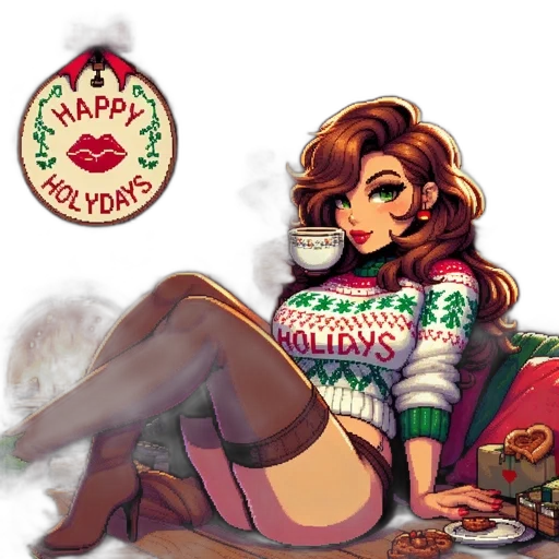 concept art, pixel art, fantasy art, cartoon, woman, holiday, sweater, fireplace transparent PNG cut-out