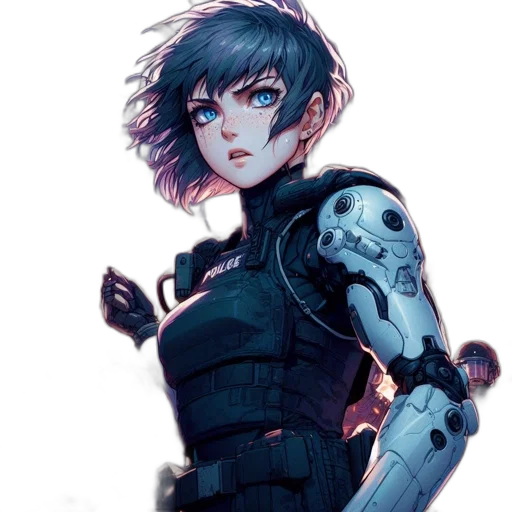 robot, weapon, jacket, face, cyberpunk, concept art, comic book art, anime transparent PNG cut-out
