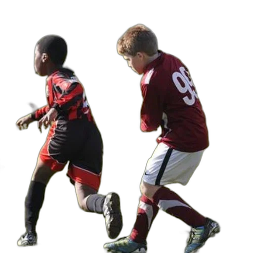 two, young, soccer, players, red, black, uniforms, run transparent PNG cut-out