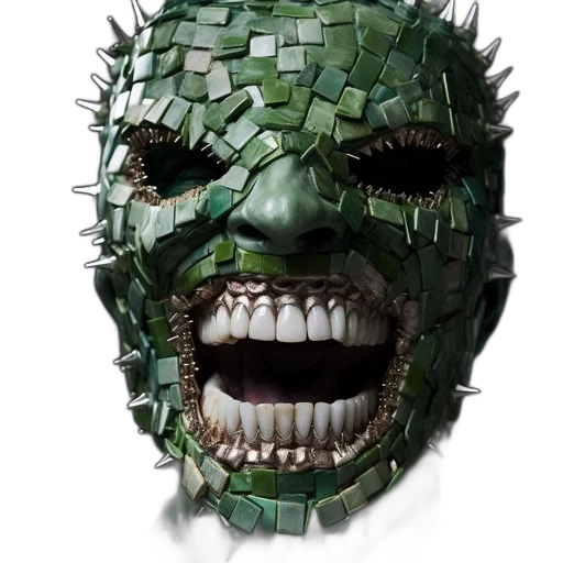 mask, face, creature, 3d render, concept art, comic book art, photorealistic, green transparent PNG cut-out