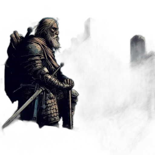 sword, weapon, fantasy art, concept art, comic book art, pixel art, fog, bearded transparent PNG cut-out