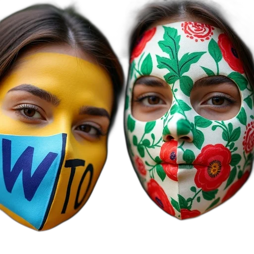 mask, two, individuals, wearing, masks, colorful, designs, text transparent PNG cut-out