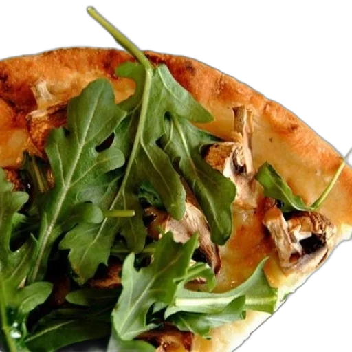 food, photorealistic, 3d render, slice, pizza, topped, arugula, mushrooms transparent PNG cut-out