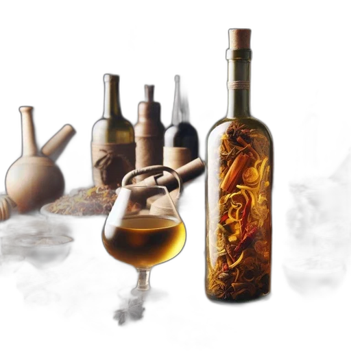bottle, photorealistic, rustic, scene, features, tableau, food-related, items transparent PNG cut-out
