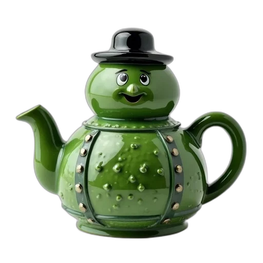 3d render, photorealistic, green, ceramic, teapot, smiling, face, top transparent PNG cut-out