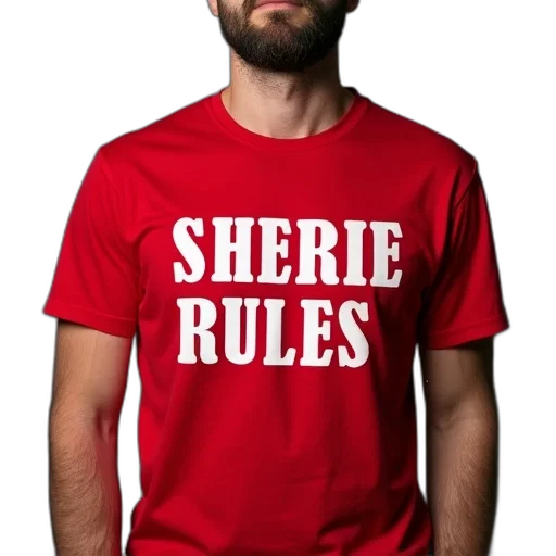 staff, man, wearing, red, t-shirt, words, sherie, rules transparent PNG cut-out