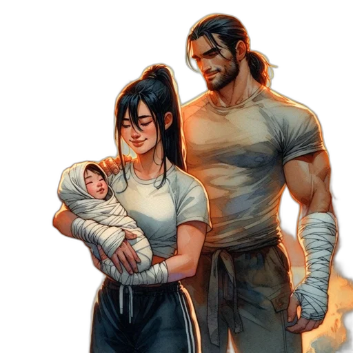 concept art, comic book art, watercolor, fantasy art, golden, peaceful, family, scene transparent PNG cut-out