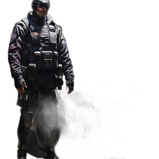 jacket, weapon, staff, mask, concept art, cyberpunk, photorealistic, 3d render transparent PNG cut-out