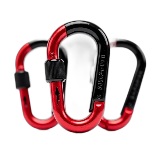 set, three, red, black, carabiners, displayed, against, white transparent PNG cut-out