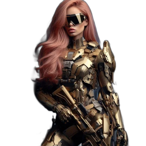robot, weapon, dress, cyberpunk, concept art, 3d render, comic book art, golden transparent PNG cut-out