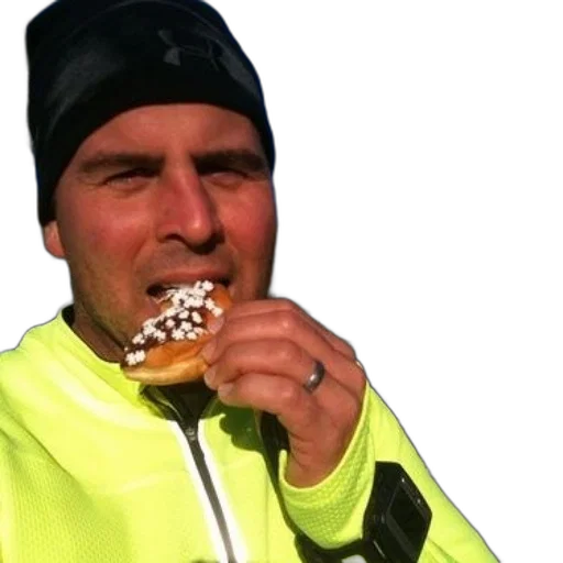 jacket, food, man, yellow, eating, donut, sprinkles transparent PNG cut-out