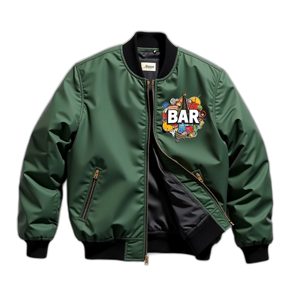 jacket, green, bomber, black, collar, zipper, displayed, against transparent PNG cut-out