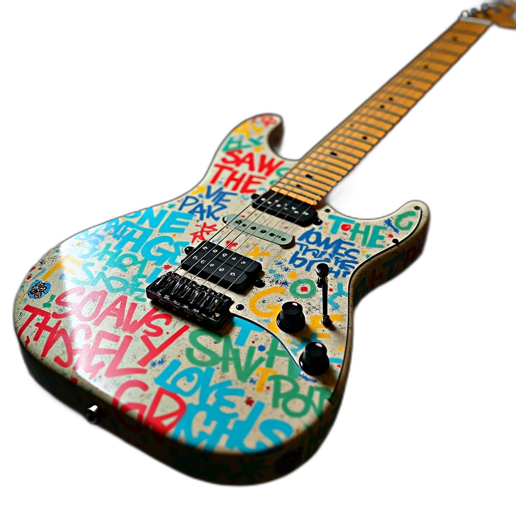 3d render, guitar, colorful, graffiti, design, body, neck, featuring transparent PNG cut-out