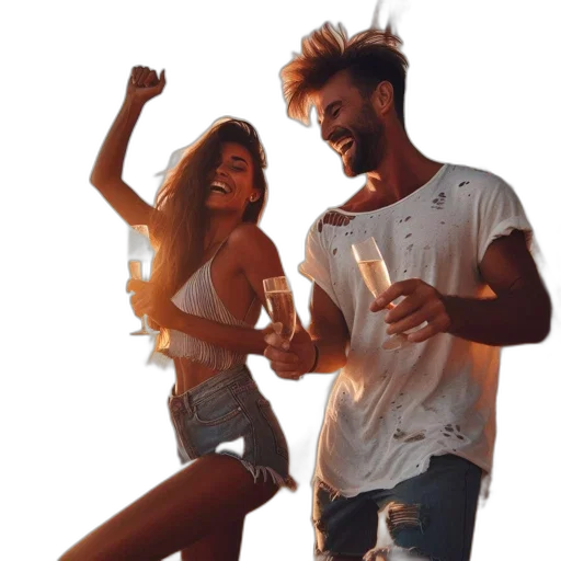 man, woman, joyfully, celebrating, beach, during, sunset, holding transparent PNG cut-out