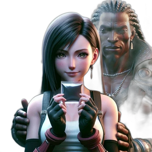 concept art, two, animated, characters, one, female, holding, small transparent PNG cut-out