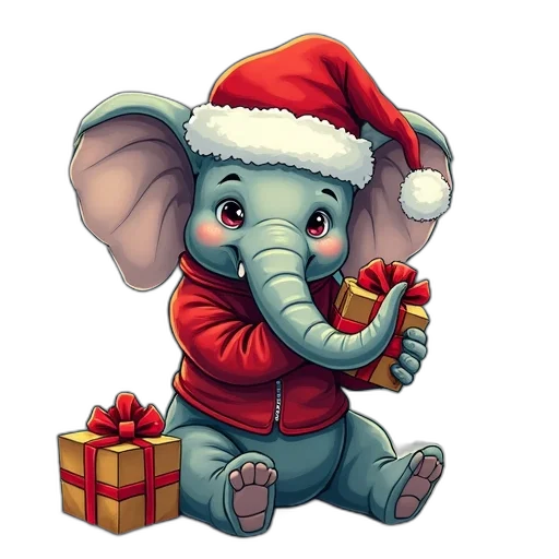 photorealistic, cartoon, elephant, christmas transparent PNG cut-out
