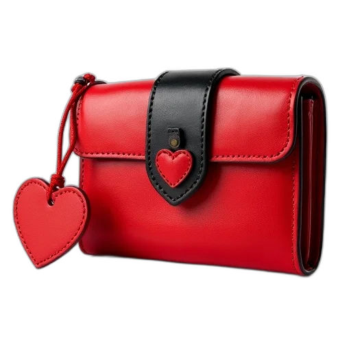 red, leather, wallet, black, strap, closure, displayed, against transparent PNG cut-out