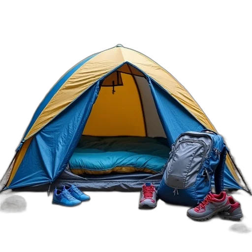 umbrella, jacket, shoes, 3d render, camping, scene, tent, set transparent PNG cut-out