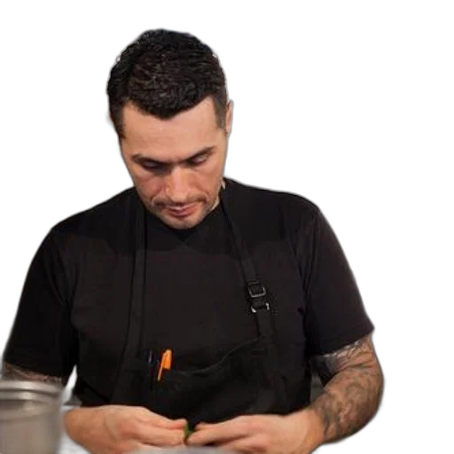 staff, food, chef, black, apron, shirt, working, kitchen transparent PNG cut-out