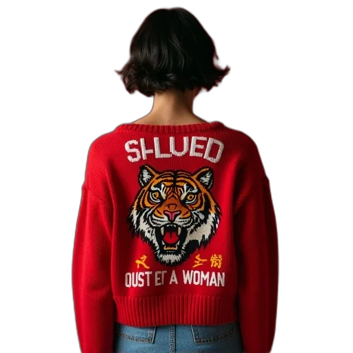jacket, red, women, cropped, sweater, tiger, motif, words transparent PNG cut-out