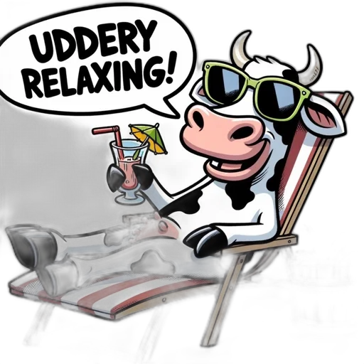 anthropomorphic, cow, relaxes, beach, chair, wearing, sunglasses, holding transparent PNG cut-out