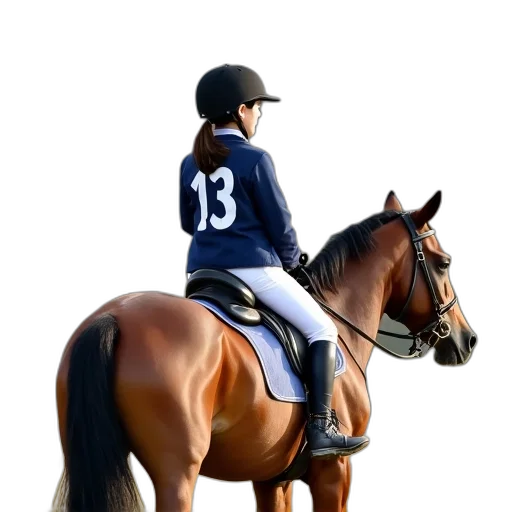 photorealistic, young, girl, riding, brown, horse, field, wearing transparent PNG cut-out