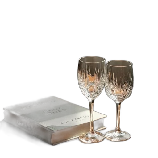 pair, crystal, wine, glasses, placed, wooden, table, next transparent PNG cut-out