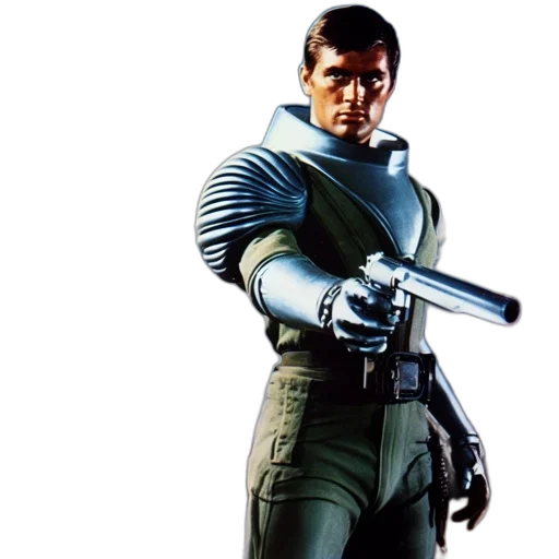 jacket, weapon, concept art, comic book art, alien, landscape, man, silver transparent PNG cut-out