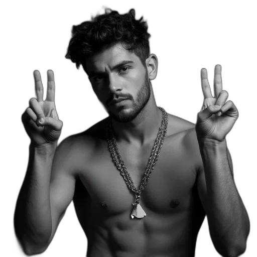 photorealistic, man, wearing, necklace, holding, two, peace, fingers transparent PNG cut-out