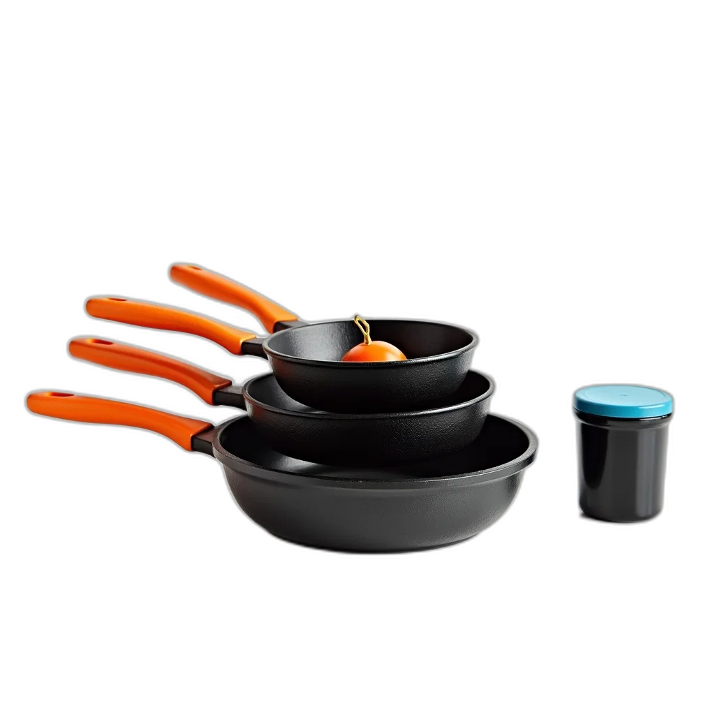 food, 3d render, set, three, cast, iron, pans, orange transparent PNG cut-out