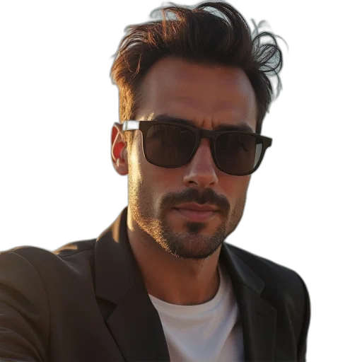 jacket, staff, face, hair, photorealistic, man, sunglasses, poses transparent PNG cut-out