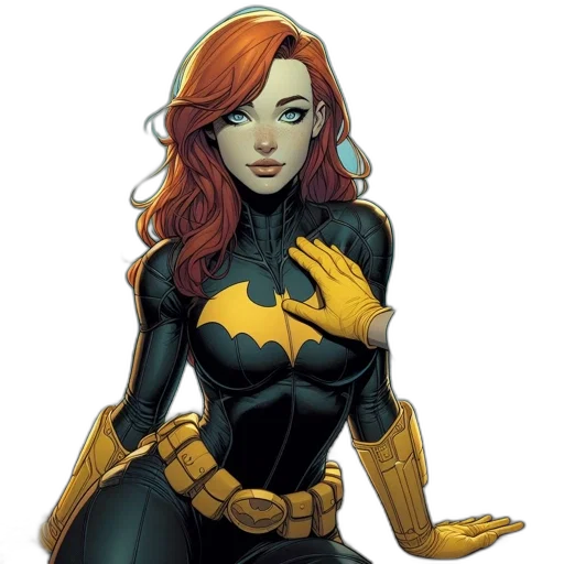 comic book art, concept art, cartoon, fantasy art, golden, female, character, batman-like transparent PNG cut-out