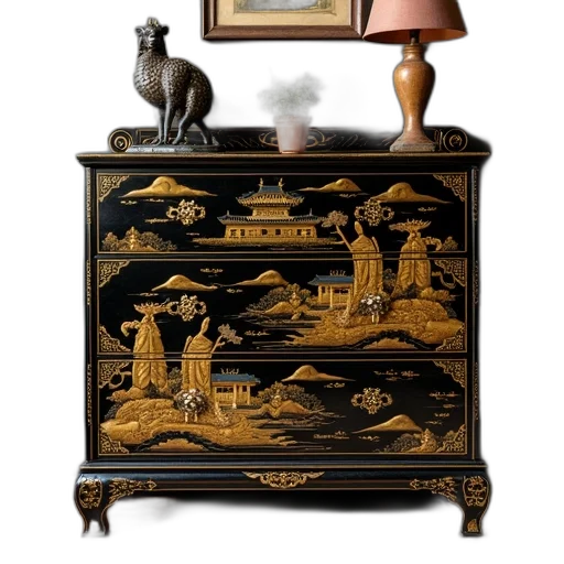 furniture, black, gold, lacquerware, chest, drawers, intricate, designs transparent PNG cut-out