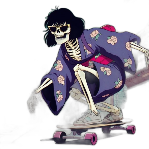 jacket, vaporwave, concept art, cartoon, anime, animated, skeleton, wearing transparent PNG cut-out