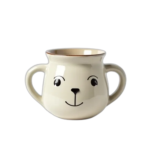 3d render, photorealistic, ceramic, mug, cartoonish, face, design, sits transparent PNG cut-out