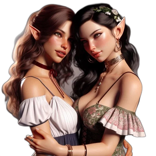 fantasy art, concept art, photorealistic, pixel art, earth tones, two, women, elf-like transparent PNG cut-out