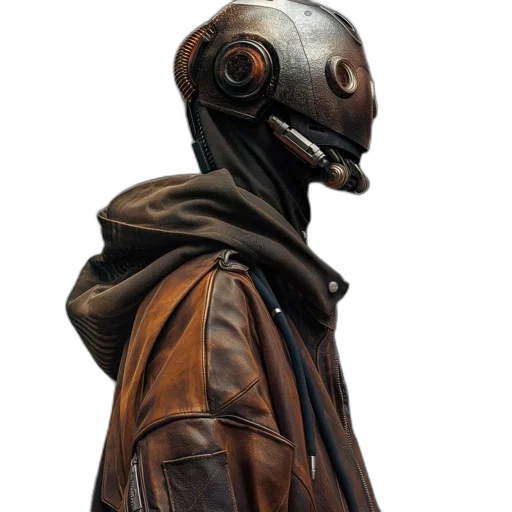 jacket, mask, robot, face, concept art, cyberpunk, 3d render, fantasy art transparent PNG cut-out