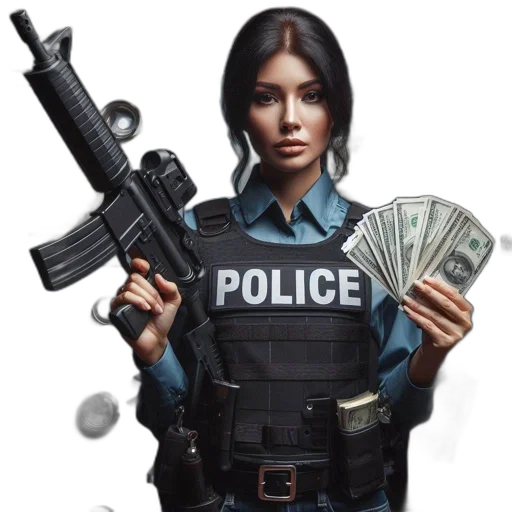 weapon, concept art, comic book art, photorealistic, pixel art, policewoman, uniform, stands transparent PNG cut-out